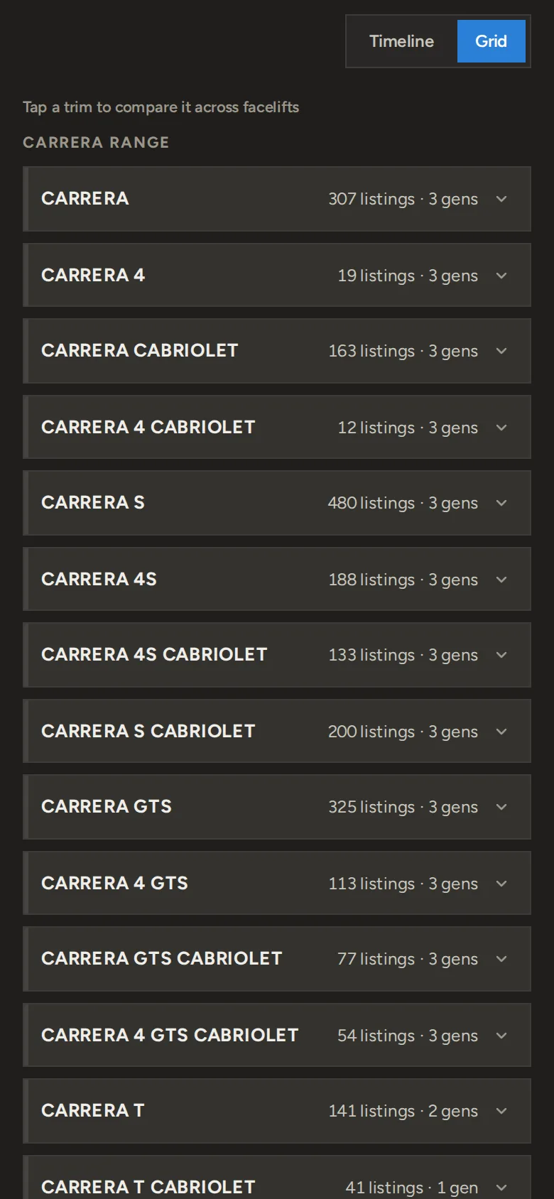 Phone view of the generation explorer: eras, facelifts and trims with live counts and price ranges