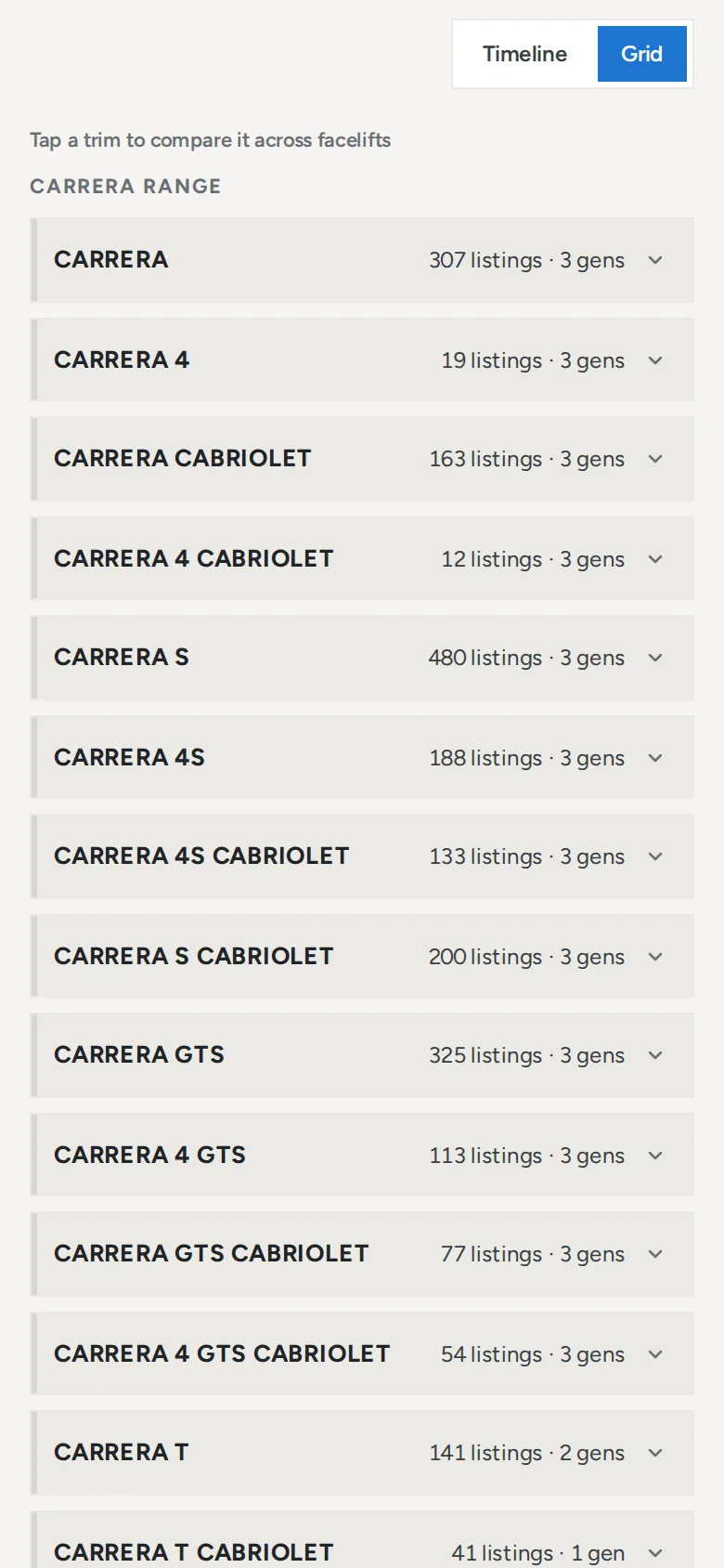 Phone view of the generation explorer: eras, facelifts and trims with live counts and price ranges